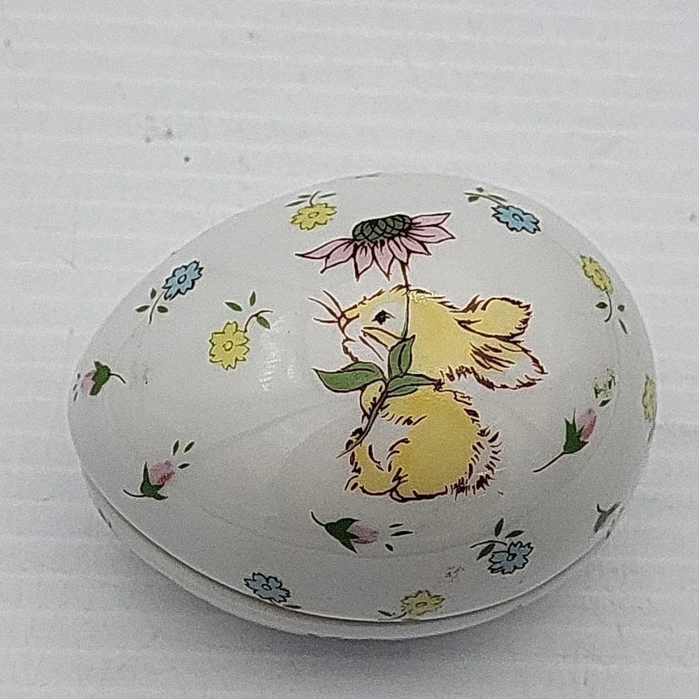 Vintage 1980 Enesco Porcelain Egg Trinket Box Pink/Yellow Bunnies Easter